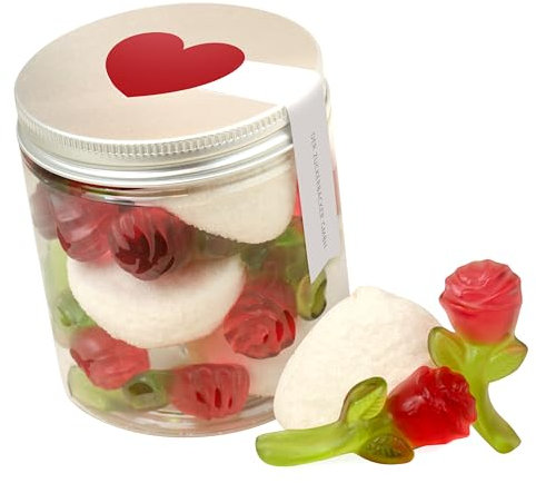 Rosen in der Dose – liebevoll gefüllt mit Fruchtgummi-Rosen & Marshmallow-Bällen – schönes Geschenk für Valentinstag & Hochzeiten