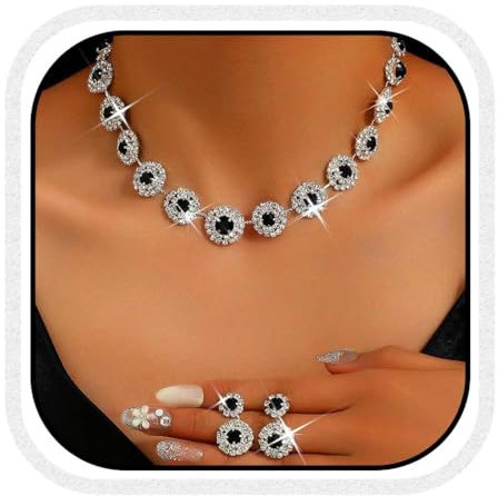 Unicra Schwarz Braut Hochzeit Schmuck Sets Rhinestone Choker Halsketten und Ohrringe Set Kostüm Prom Formal Kristall Schmuck Set für Frauen und Bräute (Schwarz, One Size)