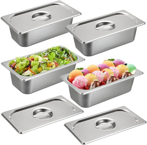 SUMNACON 4x1/3 Gastronormbehälter aus lebensmittelecht Edelstahl,Stapelbare Panierset mit Deckel,von -60° bis 400°C,Spülmaschinenfest Panierschalen für Schnitzel Fleisch Fisch Obst Eis Sauce 10cm hoch