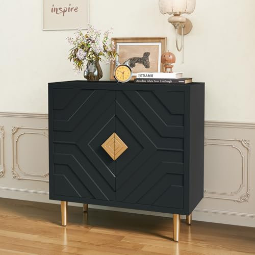 HOLTICO Wooden Sideboard with 2 Doors, 3D Embossed Pattern Accent Cabinet Modern Buffet Storage Cabinet, Black Sideboards for Living Room, Dining Room, Hallway