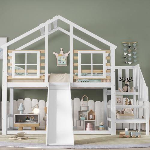 Seyakany Lit superposé Enfant 90x200 cm,lit Mezzanine 2 Places avec escalier et Rampe, avec Toboggan et fenêtre,lit cabane Enfants en rondins avec Protection antichute,Cadre en Bois Massif, Blanc
