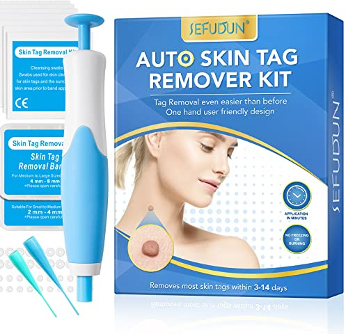 Auto Skin Tag Remover Kit - Wart Removal for Face & Body, Fast and Easy Removal Pen for Small to Large Size 2mm-8mm, Safe and Painless, with 40 Removal Bands & 10 Cleansing Wipes