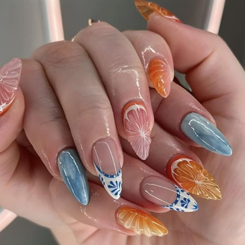 24PCS French Summer Press On Nails, Almond False Nails with 3D Fruit Design, Glossy French Tip, Medium Length Stick On for Women, Stylish Art for Summer Events and Daily Wear