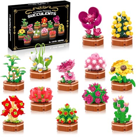 12 Pack Flower Succulent Building Set, 1001PCS DIY Creative Flower Botanical Bonsai Building Block for Adults and Teens, Artistic Floral Bonsai Home Decor, for Kids Birthday