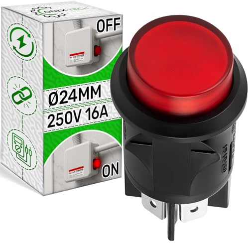 Interruptor Pequeño Bipolar con Bombilla Roja 16A Ø 24 mm Cuerpo Negro - Garantía de 5 Años - ONIX TECH