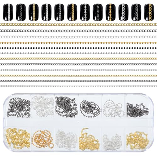 12 PCS Metal Nail Art Chains, 3D Decorations Charms Personality Nails Jewelry Design Ornaments Gold Silver Black Nail Chains with Box for DIY Manicure and Nails Design
