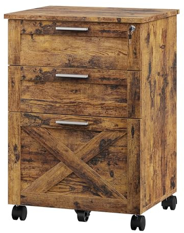 Garvee Aktenschrank,Rollcontainer,Büroschrank,mit 3 Schubladen,Abschließbar,Büro-Aktenschrank mit Hängeregisterfach - 48 x 40 x 68 cm,Rustikales Braun