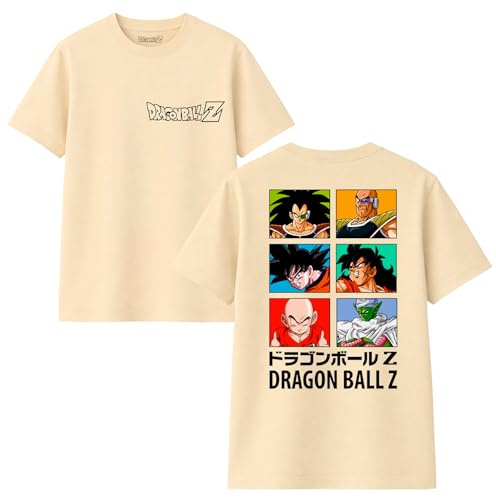 Dragon Ball Z T-Shirt, Beige, Logo à l'avant et Personnages de DBZ dans Le Dos : Son Gokû, Krilin, Piccolo, Raditz, Nappa et Badack (FR/ES, Alpha/Lettres, M, Taille Normale, Taille Normale, Beige)