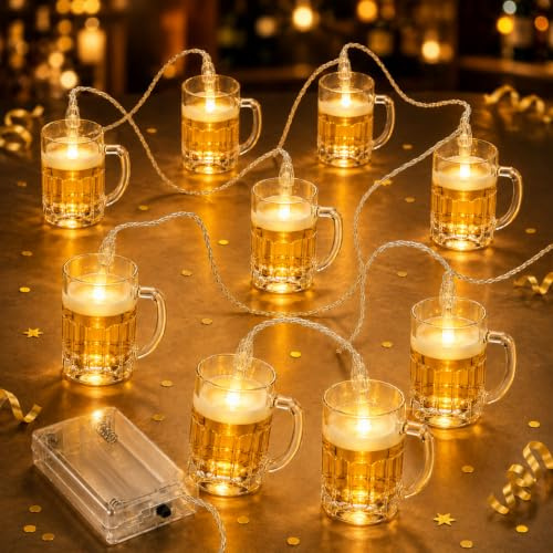 Anruzon Bier Deko - 1.5M 10LED Bierkrug Lichterkette Batteriebetrieben | Geschenk für Frauen Männer - Bar, Oktoberfest, Bierliebhaber, Party, Garten, Geburtstag Beleuchtung Hängeleuchten Deko