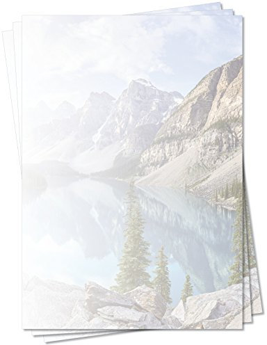 LYSCO® Motivpapier Briefpapier (Berge-5164, DIN A4, 25 Blatt) - Gebirgssee umgeben von gewaltigen Bergen, die sich in den blau-weiß umwölkten Himmel recken