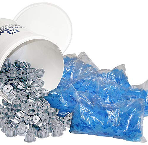 Karl Dahm Fliesen Nivelliersystem Maxi-Set für 3 mm Fugen: 150 graue Zughauben für Fliesenstärke 12-20 mm + 1500 Gewindelaschen + Eimer I Leichte & professionelle Fliesen Verlegehilfe – 12539