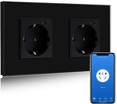 BSEED Enchufe Doble de Pared WiFi,Schuko Enchufe inteligente Compatible con Alexa y Google Home,Control de APP y Función de Temporizador,protección de contacto,16A Enchufe de Pared Negro