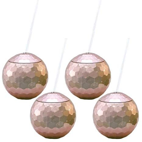 Set of 4 Rose Gold Disco Drinking Balls - Disco Ball Drinking Cups - Party Novelty Fun