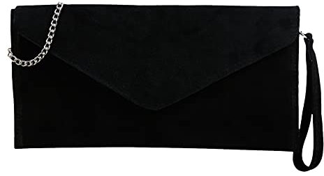 SH Leder Echtleder Clutch Umhängetasche kleine Tasche Abendtasche in Wildleder oder Metallic 31,5x16,5cm Palma G299 (Schwarz W.)