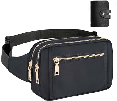 Bauchtasche Gürteltasche Damen und Herren, Stylische Hüfttasche für Festival mit Verstellbare Gürtel mit Mehreren Tasche, Schwarz Hip Bum Bag Waist Fanny Pack für Joggen Sport Hundespaziergang