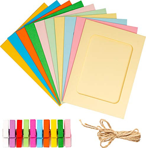 Lot 10 Cadres Photo en Papier Cartonné - Cadres Photo 10x15 avec Clips Bois et Ficelle pour les Suspendre | Cadres Photos Colorés à Composer Soi-Même | Décoration Porte Photos Mariages & Anniversaires