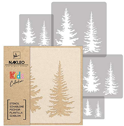 NAKLEO Schablonen Malen für Kinder, 5 Stück Set 9x9 bis 34x34cm Tanne Fichte Wald, Wiederverwendbare Kunstoff Kinderzimmer Malvorlage Raumdekoration, Basteln DIY Wand Möbel Papier