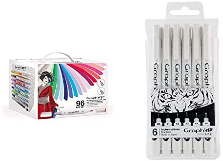 GRAPH'IT Brush Coffret de 96 Marqueurs à alcool avec Présentoir & Liner GI43332 Pochette de 6 fine liners