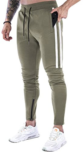 Suwangi Pantaloni Tuta Uomo Palestra Running della Allenamento Slim Fit Design a Righe con Tasche Zip