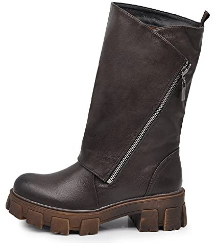 IF Fashion Scarpe Stivali da Donna Al Polpaccio Largo Biker Motociclista Con Zip Platform Anfibi 881 Testa di moro N.40