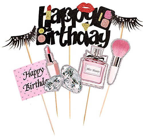 Kukifun Makeup Cake Topper 22 Pcs, Lipstick Perfume Eyelash Diamond Brush Cosmetic Cupcake Toppers, Happy Birthday Decoration for Birthday Bridal Shower Girl Women Makeup Salon Spa Party Supplies