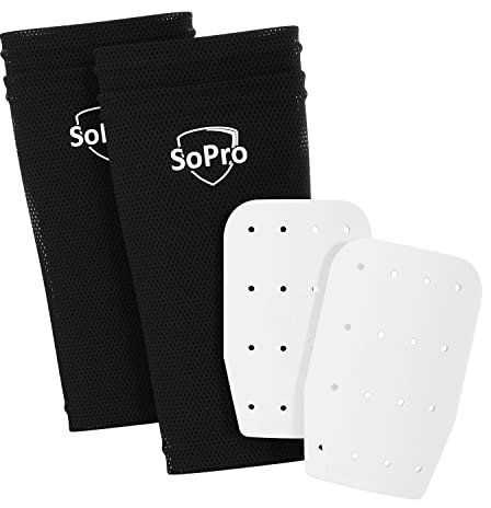 SoPro Mini Schienbeinschoner für Fußball - inklusive Socken - 120 x 80 x 5 mm - Für Kinder & Erwachsene - leicht, klein, rutschfest & geruchsneutral - Made in Germany