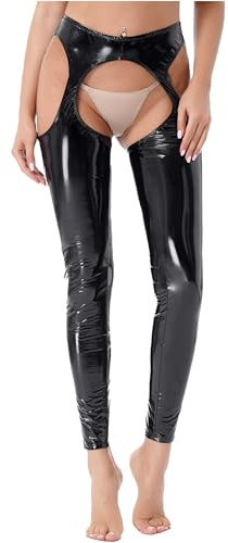 TiaoBug Damen Wetlook Hose Ouvert Strumpfhose Lack Leder Offener Schritt Pantyhose Leggings Erotik Pants Clubwear Schwarz D XXL
