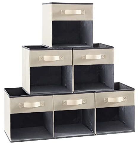 Lifewit Cube Storage Boxes Set of 6, Fabric Storage Box with a Clear Window and Handles, Foldable Storage Cubes Clothes Organiser for Wardrobe, Closet, Shelves, Medium, Beige