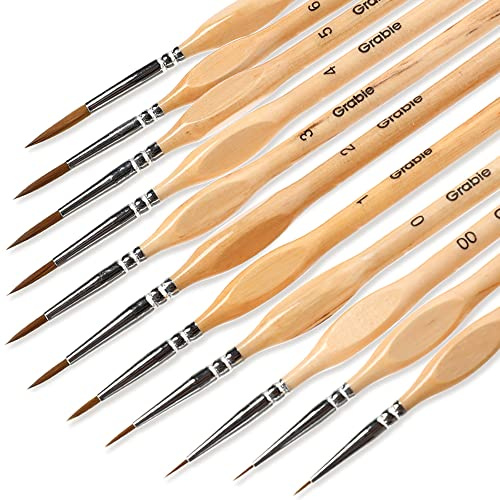 Grabie Lot de 11 pinceaux miniatures en poils de nylon pour huile, acrylique, aquarelle et gouache, pinceaux de détail avec manche en bois naturel, pour débutants et professionnels