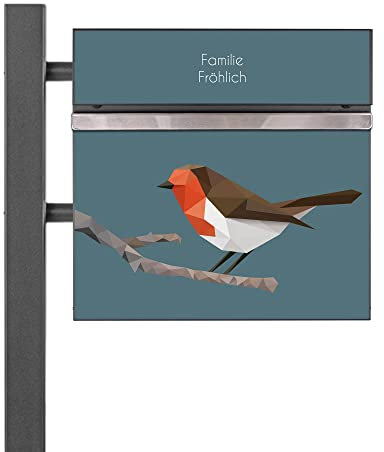 banjado® Standbriefkasten Anthrazit mit Namensschild Abstrakter Vogel & Zeitungsfach/Briefkasten mit Standfuß in Anthrazit/Postkasten A4 Einwurf inkl. Montagematerial & 2 Schlüsseln