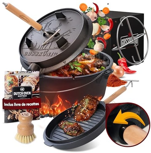 GUSSKÖNIG Olla de Hierro Fundido 4,5L – Cocotte sin Patas para Cocción Lenta – Doble Función: Asado y Guisos – Incluye Levantador de Tapa 2 en 1, Cepillo y Recetario (1-3 Personas)
