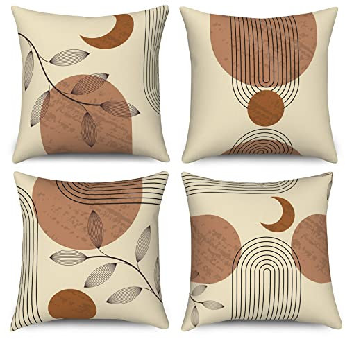ASDCXZ Boho Kissenbezug 50x50 cm 4er Set, Abstrakt Boho Style Blätter Tag Monat Sofa Kissen Bezug Dekokissen Kissenbezüge Kissenhülle Waschbar Polyester Flachs Textil Outdoor Polster Kopfkissenbezug