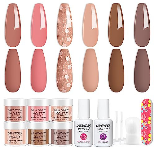 Lavender Violets 12 Pcs Dip Powder Nail Kit Starter 6 Colours Nude Pink Neutral Skin Dipping Powder System Liquid Set with Base & Top Coat Activator for French Nail Art Manicure Salon Home DIY M204