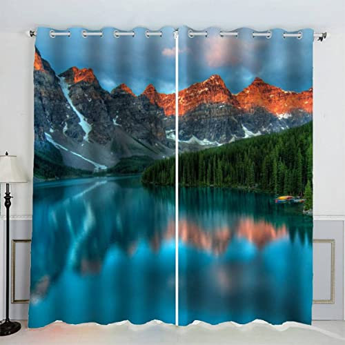 Vorhang Schlafzimmer Moraine Lake Gardine Blickdicht Perforierte aus Polyester mit 3D-Digitaldruck 2 Stücke Landschaft Natur Berge Vorhänge für Wohnzimmerdekoration 260x140(2x130x140)