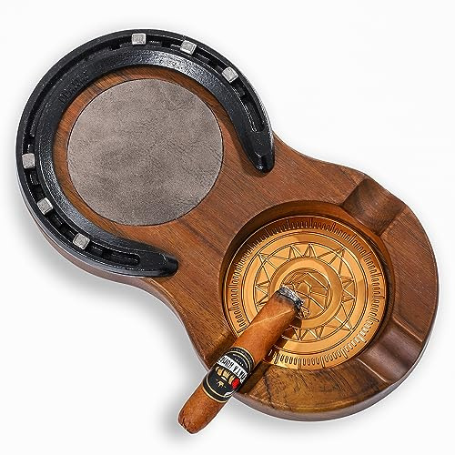LINOVINO Wooden Whiskey Glass & Cigar Ashtray Coaster - Handmade Horseshoe Design Tray for Indoor/Outdoor Use (Brown)