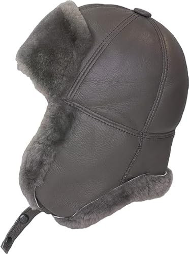 CUCUBA Chapeau en peau de mouton Shearling d'hiver Ushanka Homme Chapeau Pilote Aviateur Soviétique de Neige avec cache-oreilles (XL-60), gris, 60/61 cm