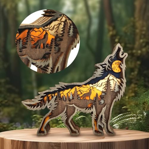Drawelry 3D Holz Tiere Schnitzerei Skulpturen Ornament, Mehrschichtig Holz Synthese Wald Tier Gravur Regal Statuen Handwerk für Home Büro Desktop Weihnachten Neujahr Festival Dekor (Wolf)