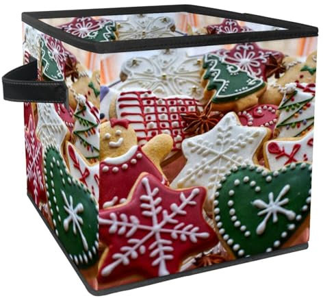 VAPOKF Faltbare Aufbewahrungsbox, Stoff-Aufbewahrungskorb, Würfel, Organizer, Behälter mit Griffen für Spielzeug, Kleidung, Bücher, Schrank, Schlafzimmer, Zuhause – weihnachtlicher farbiger Lebkuchen