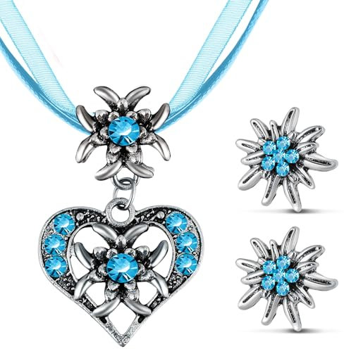 Patelai 3 Stück Trachtenschmuck Set Bayerisch Dirndlschmuck Trachtenkette mit Strass Edelweiß Herz Anhänger und Edelweiß Ohrstecker für Damen Bierfest Trachten Dirndl Outfit Accessoires (Hellblau)
