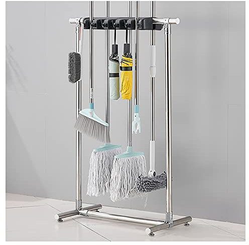 Movable Commercial Stainless Steel Mop Rack,Mop and Broom Holder,Floor Standing Mop Broom Holder Cleaning Tool Rack, Umbrella Stand