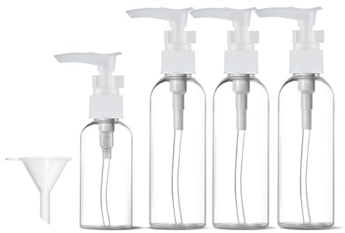 Travel Bottles for Toiletries, 4 Pcs Refillable Pump Bottle Dispenser with Funnel, 100 Ml Travel Bottles for Shampoo Conditioner Body Wash Lotions (White)