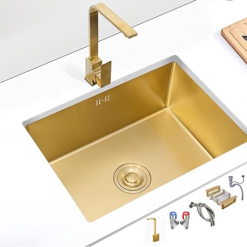 Fregadero Dorado De Acero Inoxidable Fregadero De Cocina Fregadero Bajo Encimera Fregadero De Un Seno Fregadero De Barra Grifo Dorado(60x40x20cm)