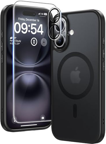 TAURI para Funda iPhone 16, Compatible with MagSafe [No Amarillea] con Protectores de Pantalla, Protección de Grado Militar, Funda Magnética para iPhone 16 6.1, Negro Mate