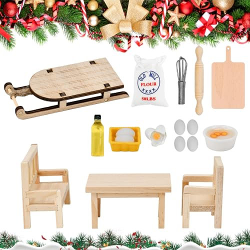 HEKOBAG 18 Stück Miniatur Wichtel Zubehör Weihnachten Mini Puppenhaus Zubehör Küche Zubehör für Wichtelhaus Wichtel Zubehör Tisch Miniatur Nudelholz Puppenhaus Küchen-Backset für DIY Mädchen Jungen