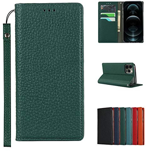Cavor Phone Case Compatible for iPhone 12/12 Pro Cover,Genuine Leather Flip Wallet Case,[3 Card Holders][Magnetic Closure][RFID-Blocking][Lanyard] Protective Case - Dark Green