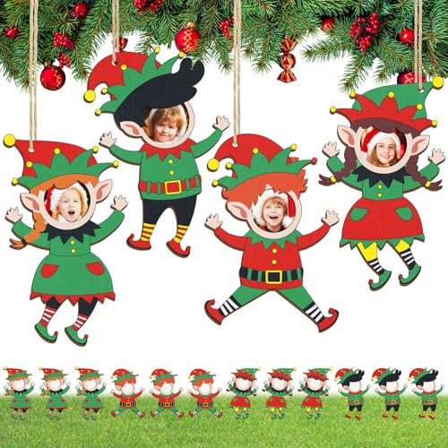 Jetec 12 Pieces Christmas Picture Ornaments Elf Wooden Christmas Picture Frame Ornaments DIY Photo Ornaments Christmas Hanging Ornaments Homemade Crafts for Christmas Tree Stockings Decorations