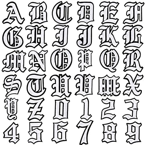 GOKEPO Gothic Letter Iron On Patch A-Z 26 Varsity Letter Patches for Clothing Old English Letters 0-9 Iron on Numbers for Clothing Badge Goth Iron On Patches Fabric Patches for Jeans Bags, Silver