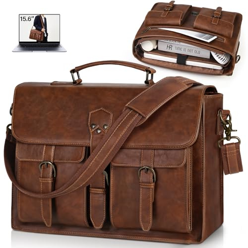 RAINSMORE Messenger Bag for Men, Vintage Large Laptop Briefcase PU Leather