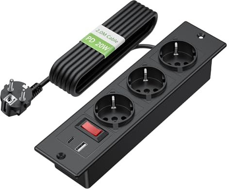 SILRIVES Regleta de enchufes empotrable con USB C PD20W, 3 enchufes retráctiles con 2 USB, enchufe de mesa retráctil con interruptor, enchufe múltiple para escritorio, 2 m, color negro