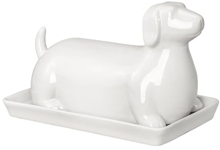 Bicuzat Ceramic Dachshund Butter Dish with Lid, Butter Keeper Butter Container Tray for Kitchen Countertop, Pure White Dachshund Butter Crock Keeper Saver